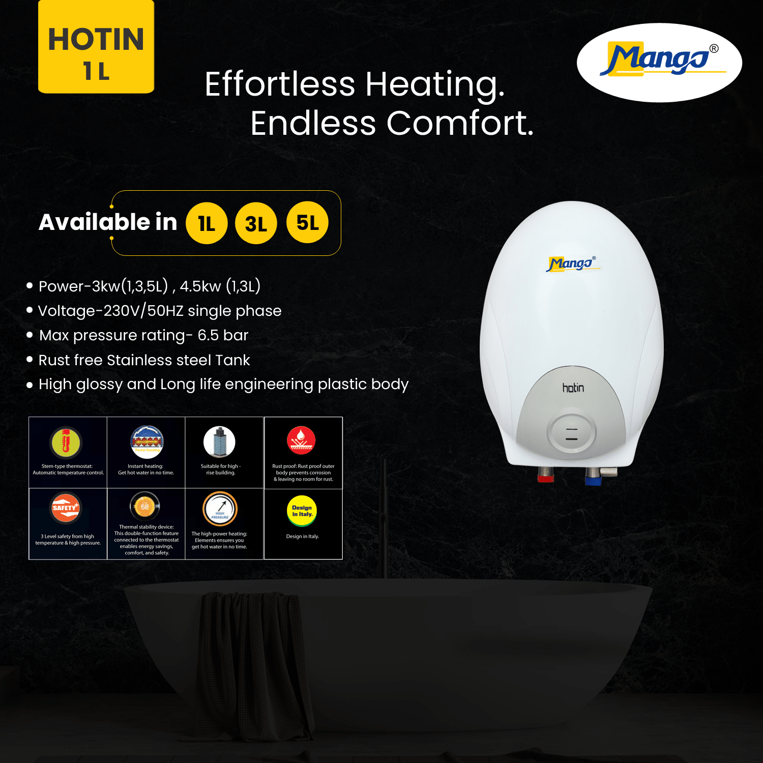 HOTIN 1L - Instant Water Heater (Italy Inspired Design) - Mango appliances